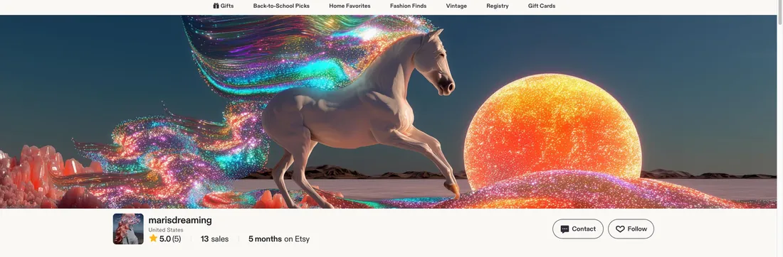 Maris Dreaming Etsy storefront, August 2026